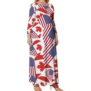 Canadese Amerikaanse Vlag Hart Grafische Plus Size Jurk Voor Vrouwen Casual Lange Mouw Maxi Jurken