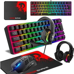 KUIYN gaming toetsenbord en muis set, 60% bedrade compact gaming toetsenbord mini 61 toetsen 11 RGB backlit volledige toetsen anti-ghosting bedrade honingraat optisch model O gaming muis RGB headset muismat voor gamer