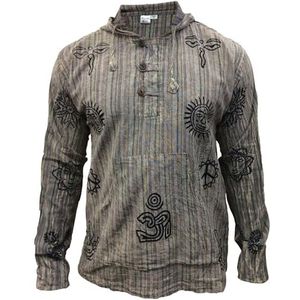 Shopoholic Fashion Handgemaakt Stonewashed Boho overhemd met capuchon voor heren | Houten knopen en voorzak, ethisch katoenen festivalshirt, L.grijs, L
