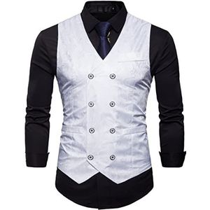 Showu Mannen Klassieke Paisley Vest Pak Set Dubbele Breasted Slim Fit Formele Bruiloft Business Vest, Kleur: wit, XL