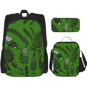 YANDM Marineblauwe Hemel en Sterren Rugzak 3 Stuks Set Reizen Wandelen Lichtgewicht Laptop Etui Geïsoleerde Lunch Tas Voor Vrouwen, Natuurlijke Plant Silhouet Varenbladeren, Eén maat