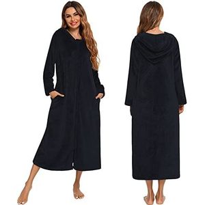 Vrouwen Flanel Hooded Robe Dames Zip Up Badjassen Lange Mouw Housecoat Lange Nachtjurken Casual Warme Nachtkleding Badjas met Zakken, S-2XL, Zwart, XXL