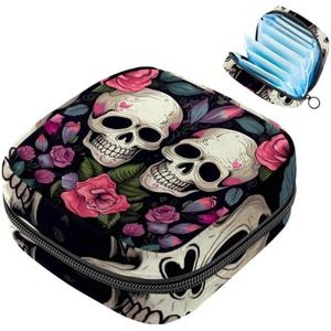 Schedel met rozen kunstpatroon maandverband opbergtas, grote menstruatiecup zakje met rits, menstruatiepads tas winkel inlegkruisjes tampons voor meisjes vrouwen, Veelkleurig 05, 4.7x6.6x6.6