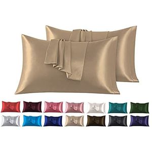 Set van 2 Satijn kussenslopen 40 x 80 cm, Zacht en Zijdig Bed Kussen Kussen Kussen Lichtbruin, Envelop Sluiting, Anti-mijt en Hypoallergeen, Haar en Huid Bescherming tegen rimpels