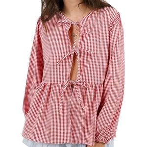 Vrouwen Tie Front Tops Puff Sleeve Babydoll Shirts Y2K Leuke Ruffle Peplum Uitgaan Top Blouse Trendy Kleding (Color : Red grid A, Size : X-Large)