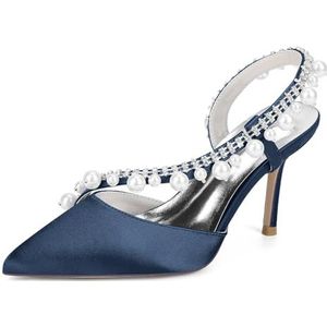 KYEGLO Satijnen Damessandalen Met Spitse Neus En Riempje - Gesloten Neus, Naaldhak Met Strass En Parel, Feestelijke Bruiloftsschoenen, Cadeaus Voor Vrouwen,Dark blue,36 EU