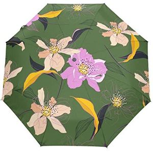 Groene bloemenkleur, mooie paraplu, opvouwbare paraplu, automatisch openen, opvouwbare paraplu, winddicht, voor reizen, strand, vrouwen, kinderen, heren en meisjes, Ontwerp, 88 cm