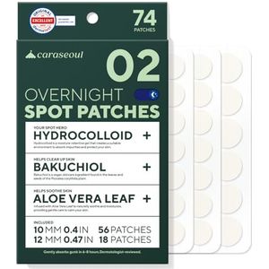 Caraseoul Overnight Pimple Patches – Dikkere Hydrocolloïde Pleisters in 2 Maten tegen Puistjes en Onzuiverheden, met Bakuchiol & Aloë Vera, Koreaanse Huidverzorging, Dermatologisch Getest [74 Stuks]