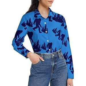 Grappig blauw Bigfoot damesshirt met lange mouwen en knoopsluiting casual werkshirts tops M