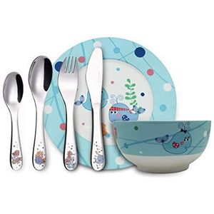 Exzact Bestek cadeauset 6 stuks roestvrij staal/kinderservies - 1 x kom, 1 x bord, 1 x tafelmes, 1 x eetvork, 1 x theelepel en 1 x tafellepel - Deluxe geschenkdoos (WF712-6GFT-SEA)
