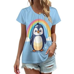 Regenboog Pinguïn Vrouwen V-hals T-shirts Leuke Grafische Korte Mouw Casual Tee Tops S