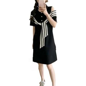Vrouwen Kleding Koreaanse Midi Jurk Vrouwelijke Casual Basic Gesplitste Korte Mouwen Jurken, Zwart, XL