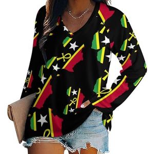 Rood Zwart Groen Afrika Kaart Ankh Vrouwen Casual Lange Mouw T-shirts V-hals Gedrukt Grafische Blouses Tee Tops XL