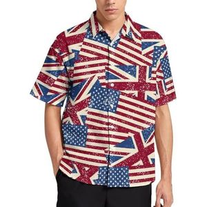 Retro USA en Britse vlag zomer herenoverhemden casual korte mouw button down blouse strand top met zak L