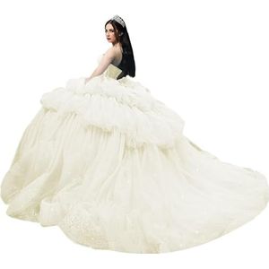 Fuomomo Strapless partyjurk in lagen, pof-tule feestjurken, Quinceanera-jurken met hartvormige hals en strass, MT036, Ivoor, 42