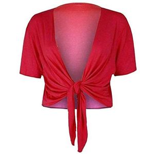 Fashion Essentials Vrouwen Korte Mouwen Effen Tie Up Shrug Dames Stretch Fit Bijgesneden Vest Bolero Top Plus Size, Rood, 38-40