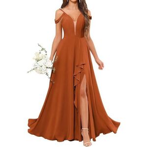 HPPEE Avondjurk voor dames, V-hals, blote schouders, bruidsmeisjesjurk met split en ruches, Verbrand Oranje, 32