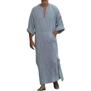 Webuyii moslimkaftan voor heren, linnen, casual, etnische, moslim thobe met lange mouwen, Midden-Oosterse, Saoedi-Arabische gewaden, jurken met zakken, grijsblauw, XL