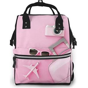 Luiertas Rugzak, JOJOshop Flat Lay Pink koffer achtergrond, groot multifunctioneel rugzak, grote capaciteit, waterdicht en stijlvol