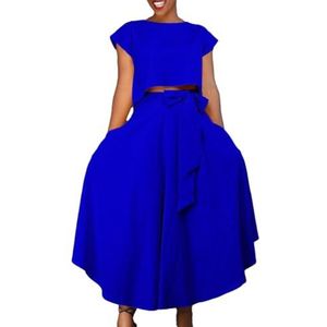 Elegante 2-delige Outfits Voor Dames Ronde Hals Korte Mouwen Casual Crop Top En Hoge Taille Onregelmatige Zoom Zwierige Maxi Rok Set (Color : Blue, Size : XXL)