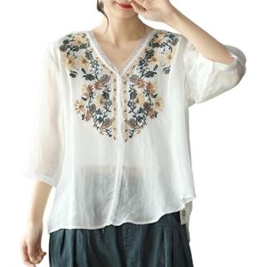 Dames Retro Etnische Stijl Chinese Tops Plus Size Losse Flowy Shirts Prachtig Borduurwerk Traditionele Hanfu Blouse (Color : White, Size : M)