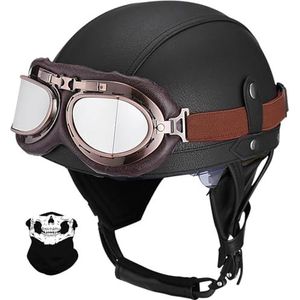 3/4 Jethelmen Voor Volwassenen Motorhelm Retro Bromfietshelm 3/4 Open Motorhelmen Met Bril PU Leer Scooterhelm Chopper Dames Heren DOT/ECE Gecertificeerd G,S=55-56CM