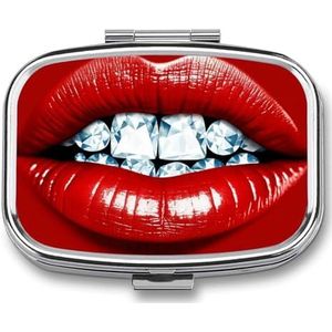 Rode Lippen met Diamant Pillendoos voor Pocket Vierkante Pillendoos 2 Compartiment Decoratieve Draagbare Reizen Pil Houder Tablet Vitamine Organizer Mini Pillendoosje