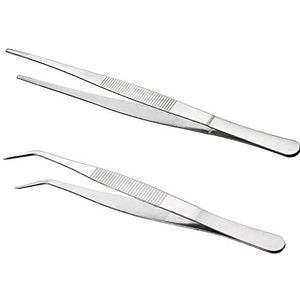 Gebogen pincet stomp pincet, 25 cm roestvrij staal Professionele antislip lange rechte pincet, 2 stuks schuine pincetten set voor waterdieren, koralen, knutselen, koken repareren