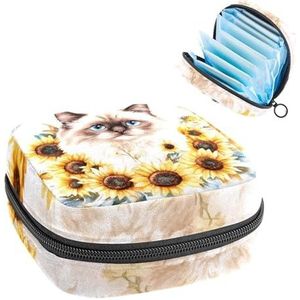 Aquarel kat met zonnebloemen maandverband opbergtas grote menstruatie cup zakje met rits, menstruatie pads tas winkel panty voeringen tampons voor meisjes vrouwen