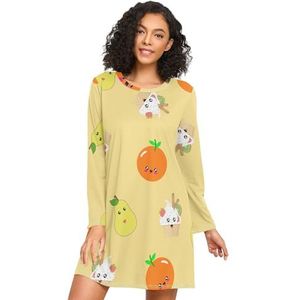 LI ZHI XIN Nachthemd voor dames, lange mouwen, nachthemd, nachthemden, slaapkleding, ronde hals, losse grote maten, nachtkleding, XXXL, oranje, peer, ijs, cartoonpatroon, Meerkleurig, S
