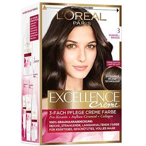 L'Oréal Paris Excellence Crème 3 Permanente haarverf, 100% grijze haardekking, haarverfset met kleuring, shampoo en 3-voudige verzorging cr�èmekleur, donkerbruin
