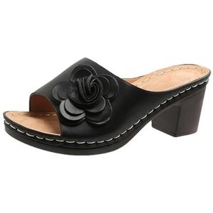 Retro Pantoffels Met Bloemen Elegante Damessandalen Met Blokhak 2024 Nieuwe Peep Toe-pantoffels Zomerse PU-leren Pantoffels Platformslippers Vrijetijdsstrandschoenen (Color : Black, Size : 39 EU)