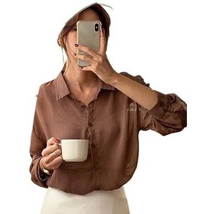 dames topjes Effen overhemd met verlaagde schouderknopen aan de voorkant (Color : Coffee Brown, Size : Small)