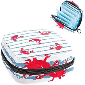 Maandverband Opbergtas,Draagbare maandverband Opbergzak,Rode krab Blauw Witte strepen, Meerkleurig, 4.7x6.6x6.6 in/12x17x17 cm