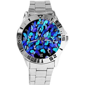 Blauwe Vlinder Mode Heren Horloges Sport Horloge Voor Vrouwen Casual Rvs Band Analoge Quartz Horloge, Zilver, armband