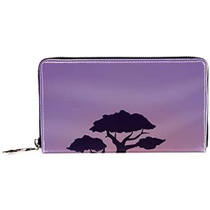 Vrouwen Zip Rond Portemonnee en Telefoon Clutch, Paars Schemering Baobab Silhouette-0, Reistas Lederen Clutch Bag Kaarthouder Organizer Polsbandjes Portefeuilles, Meerkleurig, 8.07x1x4.53 in