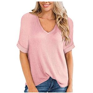 Lazzboy Store Tops dames solide zomer basic tops vrouwen korte mouwen T-shirt blouse top shirt V-hals losse casual shirts, roze, XXL