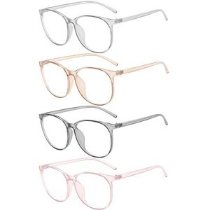 NYGGTYK 4 stuks transparante monturen voor dames, schattige cartoonmonturen, modieuze monturen, kunststof montuur, ronde montuur, grote bril, lensloze brillen, roze, grijs, oranje, transparant
