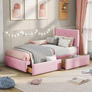 BXEYXE Gestoffeerd bed, 90 x 200 cm, bed met lattenbodem, rugleuning en twee laden, huidvriendelijke fluwelen stof, beige, plat eenpersoonsbed, kinderbed, tienerbed, logeerbed (roze)