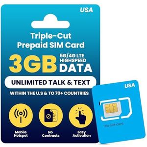 H2O Wireless 90-dagen prepaid simkaart VS met 3 GB high-speed 4G LTE / 5G gegevens en 2 GB mobiele hotspot, onbeperkte gegevens, internationale gesprekken en sms, drievoudig gesneden Amerikaanse