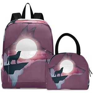 Abstracte paarse wolf boekentas, lunchpakket, schoudertas, rugzak, boekentas, kinderrugzak, geïsoleerde lunchbox-tas voor meisjes en jongens, Patroon., Medium