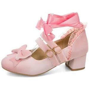 Lolita-schoenen voor dames met medium hak, flock-PU-leer, schattige strik, Mary Jane-pumps, bruid, bruiloft, cosplay, feest, rood, roze, zwart, schoenen, roze, 37 EU
