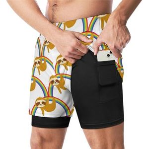 Luiaards op regenboog grappige zwembroek met compressie voering en zak voor mannen board zwemmen sport shorts