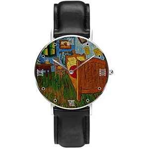 Slaapkamer bij Arles door de grootste kunstenaar Vincent Van Gogh Gepersonaliseerde Custom Horloge Casual Zwart Lederen Band Polshorloge voor Mannen Vrouwen Unisex Horloges, Zwart, riem