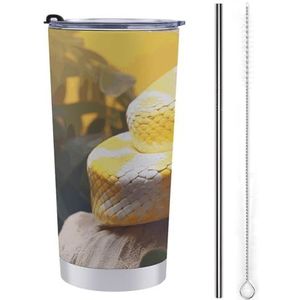 AQRJLPM Gele en witte Python autobeker van roestvrij staal, beker van 20 oz met rietje en deksels, lekvrij, geïsoleerde roestvrijstalen reiskoffiemok pobtable voor koude warme dranken op de camping