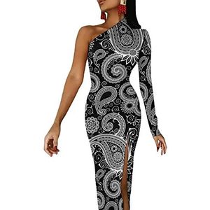 Zwart-wit paisley-patroon dames jurk met halve mouwen avondfeest lange jurken cocktail split bodycon jurk M