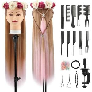 Trainingshoofd, 28 inch Kappershoofd 100% Synthetische Vezels Oefenhoofd, Training Hoofd Kappers opleiding hoofd met gratis klem en DIY vlechten Set (Bruin Roze)