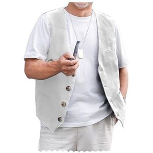 AeoTeokey Linnen vest voor heren, zomerpak, vest, vintage retrovest, normale pasvorm, Wit, M