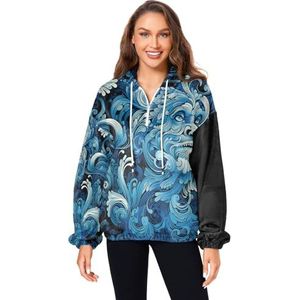 KAAVIYO Abstracte kunst blauwe leeuw pluizige jas pullover hoodie capuchon zakken fuzzy fleece sweatshirt ronde hals truien hoodies voor meisjes vrouwen, Patroon, XL