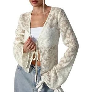 LoprNsdgt Dames Stropdas Front Bloemen Kant Vest Diepe V-Hals Bell Lange Mouw Zwemkleding Cover Ups,Apricot,L